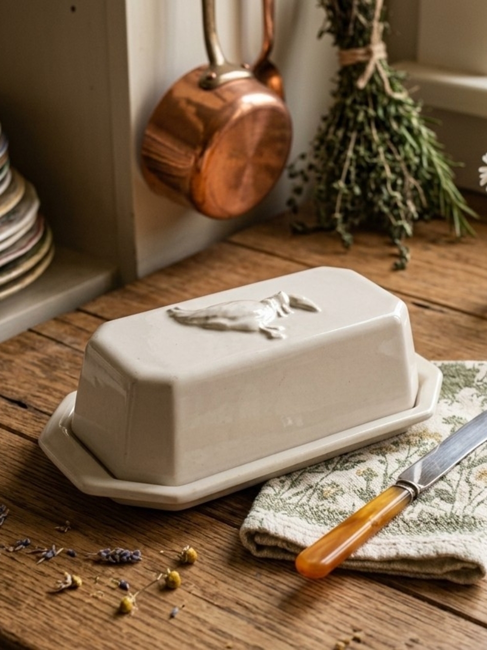 Vintage McCoy Stoneware Butter Dish with Goose/Duck Relief- Cream